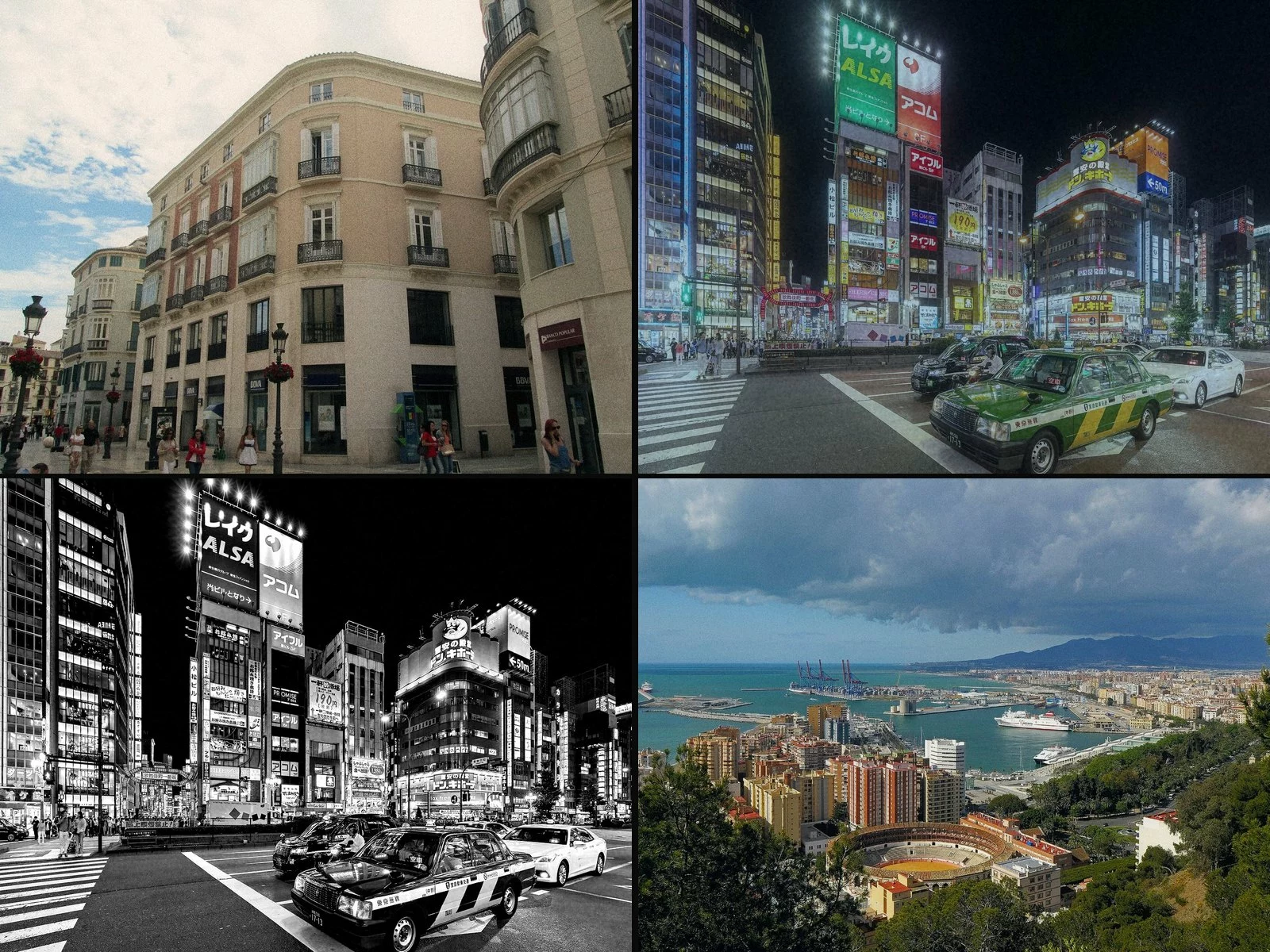 Cuatro versiones de fotos de calle y ciudad con aspecto de carrete: cálido, nocturno de cine, blanco y negro con grano y color natural